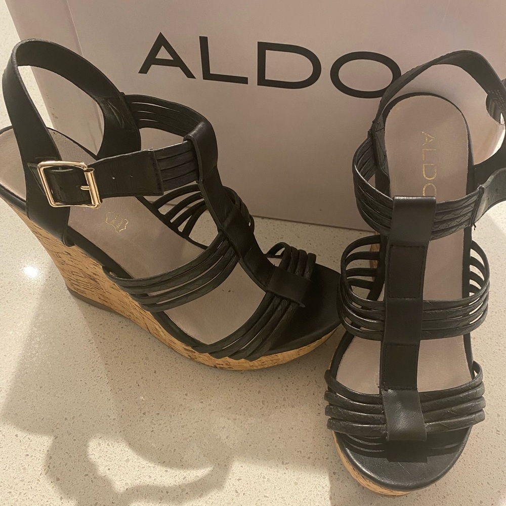 Aldo shoes, Size 8, black open toe with tan wedges